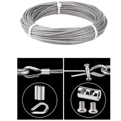 Cable Inox 3mm,50M/3mm Corde en Acier Inoxydable,Cable en Acier Revêtu avec Serre-Câbles,M3 Manchons,Cosses en Acier Inoxydable,3mm Cable Métallique pour Fil a linge,Cable de Garde Corps,OUYLAF
