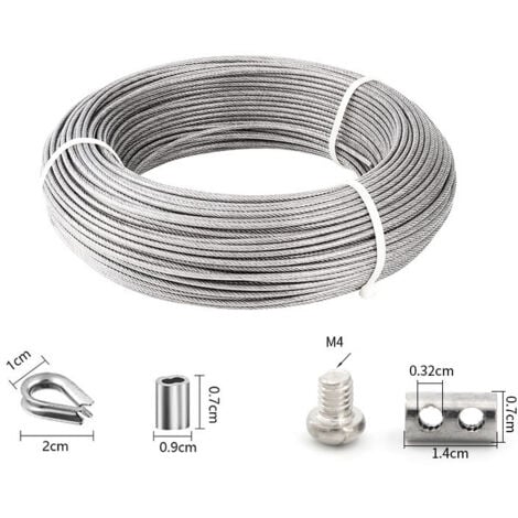 Cable Inox 3mm,50M/3mm Corde en Acier Inoxydable,Cable en Acier Revêtu avec Serre-Câbles,M3 Manchons,Cosses en Acier Inoxydable,3mm Cable Métallique pour Fil a linge,Cable de Garde Corps,OUYLAF