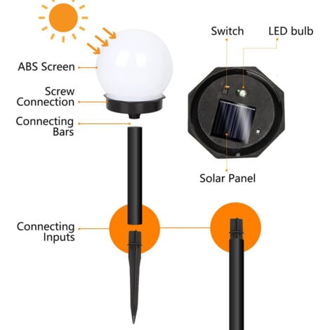 Lot de 6 balises LED solaires, LED RVB, lampes solaires d'extérieur en forme de globe lumineux sur piquet pour jardin, allée, blanc froid，OUYLAF