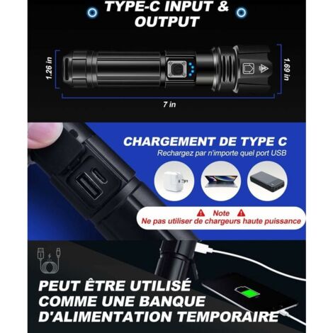 Lampe Torche LED Shadowhawk Ultra Puissante 10000 Lumens - Rechargeable, Noire