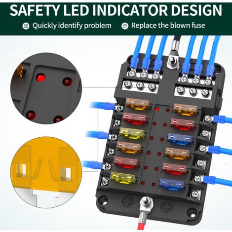 Blocs Fusible Lame ATC/ATO, Porte Fusible Voiture OUYLAF, Boîte Fusibles Voiture 12 voies avec Indicateur de Bus Négatif pour Voiture, Bateau, Fourgonnette, SUV