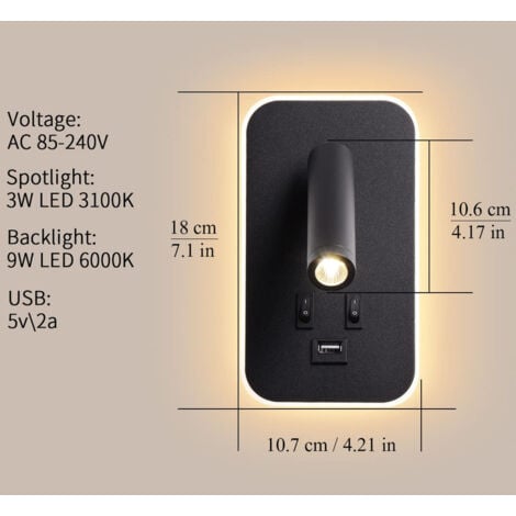 Applique murale LED, liseuse de chevet avec interrupteur, port de charge USB, éclairage d'ambiance réglable pour chambre Noir，OUYLAF
