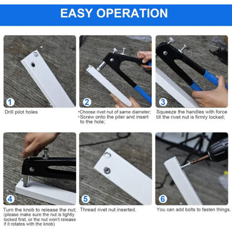 Kit Outil à Riveter Manuel 35,6 Cm Avec 150 écrous Et 6 Mandrins (M3 à M10) - Pour Bricolage, Auto