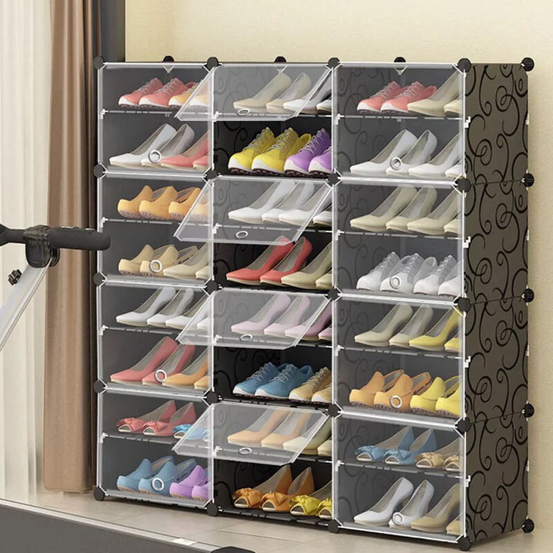 Rangement Chaussure, Boîte Rangement Chaussures, Meuble Chaussure à 6  Compartiments, Étagère Chaussures Modulable Plastique, avec Portes,  Blanc+Noir