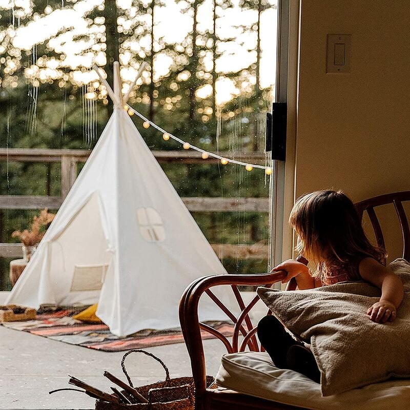 Tente De Jeu Tipi avec Guirlande Tente Grande intérieure extérieure Blanc  Toile Indian Teepee Portable Tente Maison