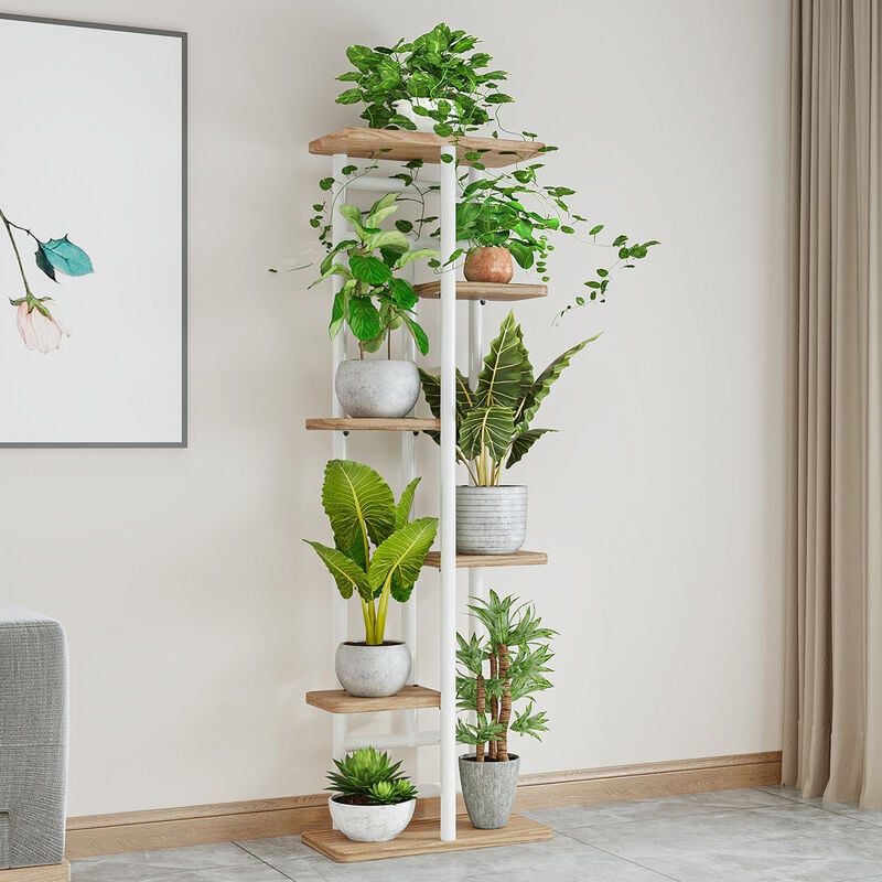 Support de plante en métal en bois à 6 couches, intérieur et extérieur,  étagère à