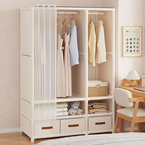Armoire de Rangement Chambre 168.5x109x45cm en Blanc Penderie Garde-Robe Avec 3 Tiroirs en Tissu