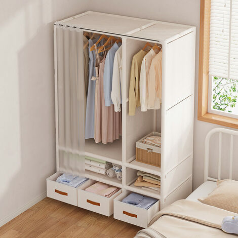 Armoire de Rangement Chambre 168.5x109x45cm en Blanc Penderie Garde-Robe Avec 3 Tiroirs en Tissu