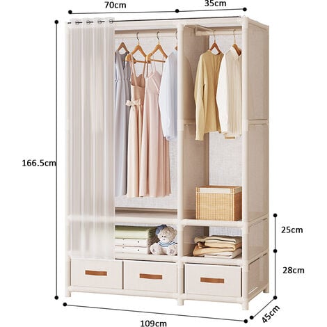 Armoire de Rangement Chambre 168.5x109x45cm en Blanc Penderie Garde-Robe Avec 3 Tiroirs en Tissu