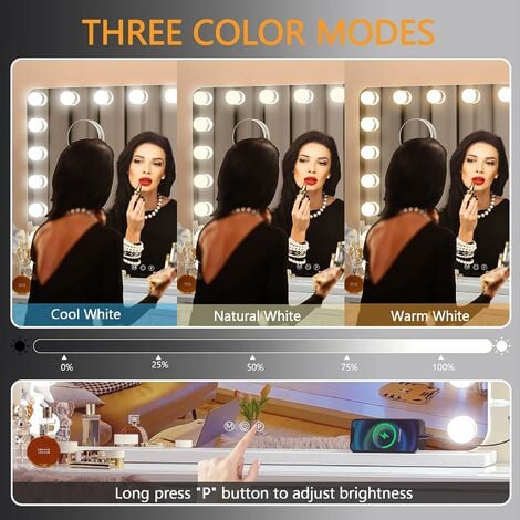 60x50cm Miroir de Maquillage Hollywood 17 Ampoules LED Dimmable Tactile Miroir avec Lumière éclairage Pour Coiffeuse Salle de Bain