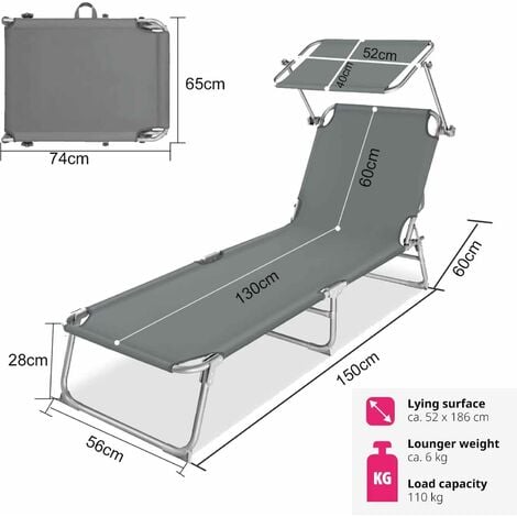 Lot de 2 Chaise Longue Bain de Soleil avec Pare Soleil Transat Pliable avec Parasol Charge Max 110KG Gris 190 x 68 x 28cm(PxLxH)