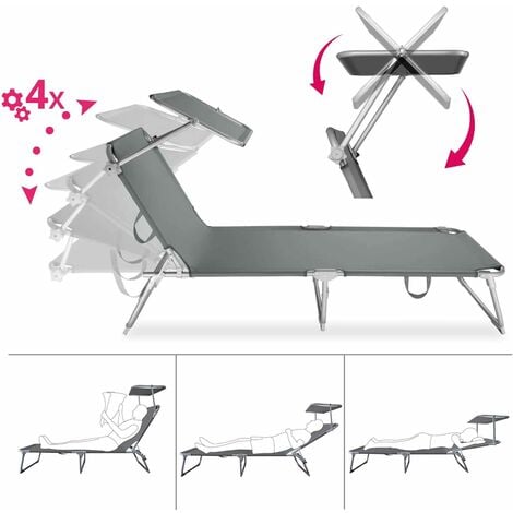 Lot de 2 Chaise Longue Bain de Soleil avec Pare Soleil Transat Pliable avec Parasol Charge Max 110KG Gris 190 x 68 x 28cm(PxLxH)