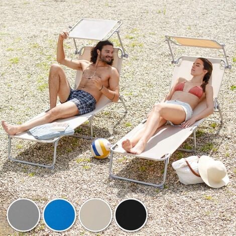 Lot de 2 Chaise Longue Bain de Soleil avec Pare Soleil Transat Pliable avec Parasol Charge Max 110KG Gris 190 x 68 x 28cm(PxLxH)
