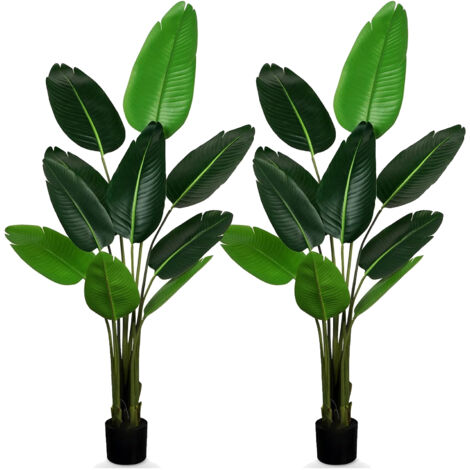 Freosen – Lot de 2 plantes artificielles 160cm – Oiseau de paradis faux palmier tropical – 9 feuilles – Pot en béton pour intérieur et extérieur