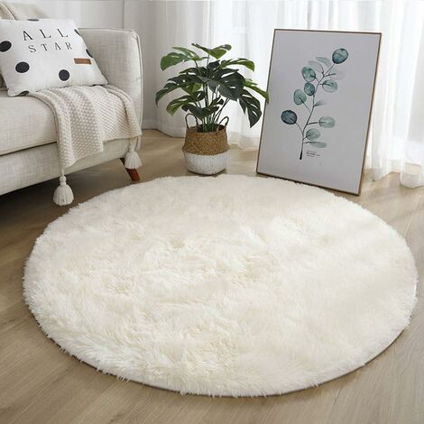 Freosen – Tapis rond 120 cm blanc – Tapis shaggy doux et moelleux – Antidérapant avec sous-couche PVC – Lavable à la main jusqu'à 40°C