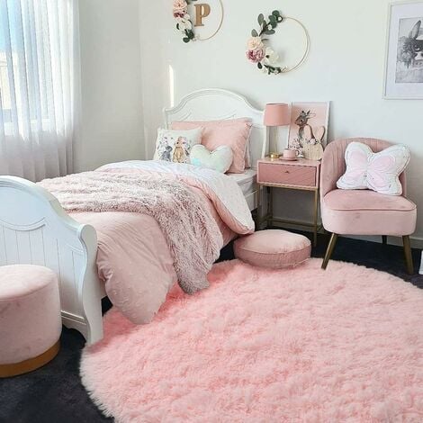 140cm Tapis Rond Chambre Tapis Salon Anti Slip Doux Moelleux Tapis Shaggy Tapis de Sol Grand pour Couloir Rose