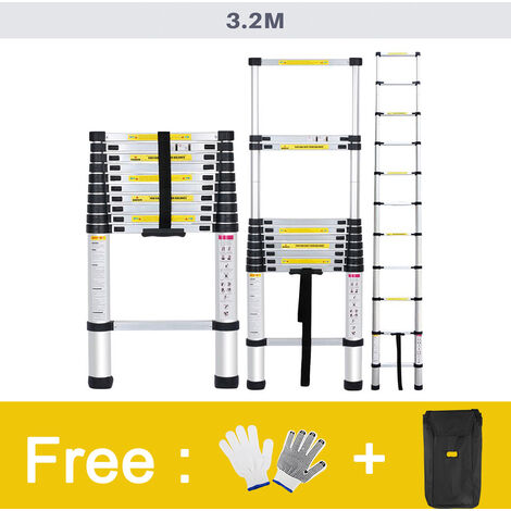 Échelle Aluminium Extensible Durhand 3,2m - 10 Marches, Portable, Noire, Neuve