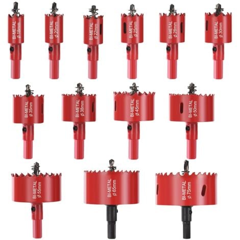 Scie Cloche Bi-métal, Coffret de Trépan 13 PCS (avec 13 Mandrins, Clé Hexagonale et ressorts) Lame de Scie Ø18-75mm pour Percer Plastique, PVC, Bois, Panneaux Fibres, Métal Souple