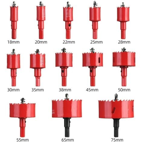 Scie Cloche Bi-métal, Coffret de Trépan 13 PCS (avec 13 Mandrins, Clé Hexagonale et ressorts) Lame de Scie Ø18-75mm pour Percer Plastique, PVC, Bois, Panneaux Fibres, Métal Souple
