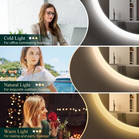 60 cm Miroir Rond Lumineux Salle de Bain Miroir Salle de Bain avec LED 3 Mode de Lumières Dimmable Anti-buée IP44