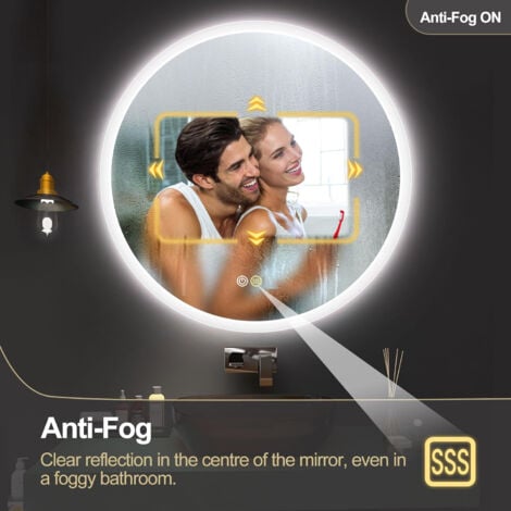 60 cm Miroir Rond Lumineux Salle de Bain Miroir Salle de Bain avec LED 3 Mode de Lumières Dimmable Anti-buée IP44