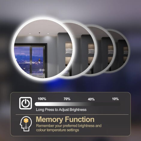 60 cm Miroir Rond Lumineux Salle de Bain Miroir Salle de Bain avec LED 3 Mode de Lumières Dimmable Anti-buée IP44