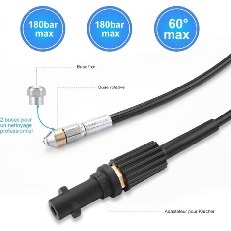 YUET 10M Tuyau Débouche Canalisation pour Kärcher,Kit de Nettoyage du Tuyau de Vidange du Nettoyeur Haute Pression avec Buse à Jet et Buse à Jet Rotatif pour Kärcher K2-K7 Séries et LAVOR