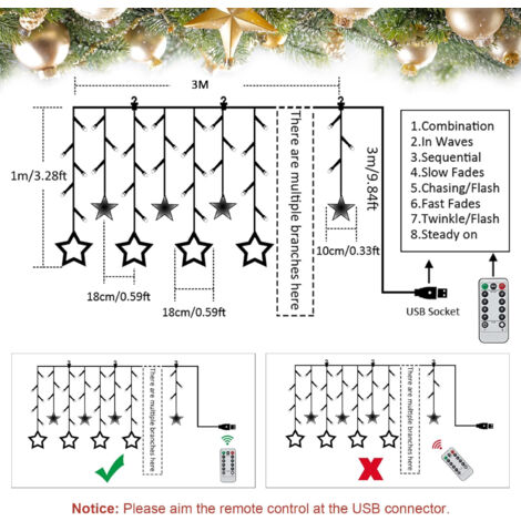 3m Rideau Lumineux Étoile Blanc Chaud Guirlande Lumineuse Fenêtre Noël Intérieur USB LED Décoration Noël Lumineux Jardin Chambre