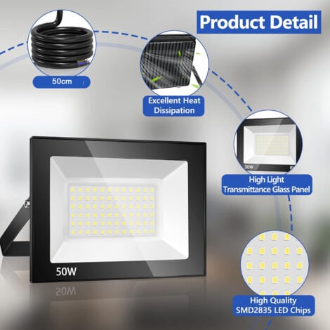 2PCs 50W Projecteur LED Exterieur 5000LM 6500K Spot LED Extérieur IP66 Blanc Froid Pour Patio, Garage, Jardin, Terrasse, Usine