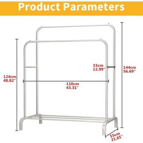 Porte Manteau Portant à Vêtements Penderie Cintre Tiges Double avec étagère de Rangement Chaussures Blanc 110x54x150cm