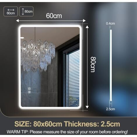 80 x 60 cm Miroir de Salle de Bain Lumineux LED Miroir Salle de Bain avec Eclairage Anti-buée Vertical Horizontal