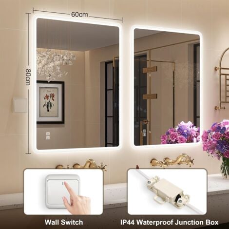 80 x 60 cm Miroir de Salle de Bain Lumineux LED Miroir Salle de Bain avec Eclairage Anti-buée Vertical Horizontal
