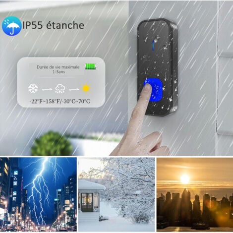 Sonnette sans Fil 300M Longue Portée Étanche Carillon Electronique 55 Mélodies 5 Niveaux Volume LED Bleu 1 émetteur + 2 récepteurs