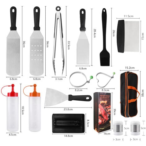 15PCs Ustensiles pour Plancha Spatule pour Barbecue Acier Inoxydable Accessoire Plancha Spatule Professionnelle Pour Barbecue de Gril pour Gril Teppanyaki et Camping