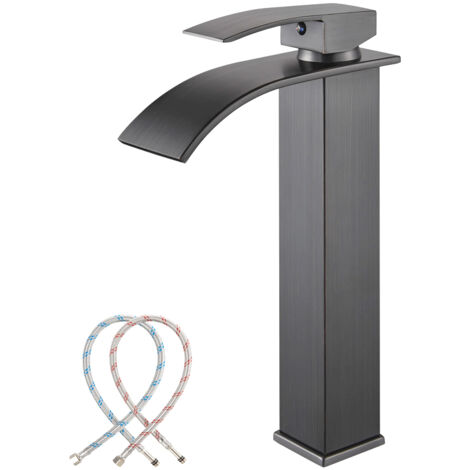 Robinet Lavabo Salle de Bain Cascade Moderne Robinet Gris Mitigeur Lavabo avec bec Hauteur 232 mm Robinetterie Carré Eau Chaude et Froide Disponible G 3/8