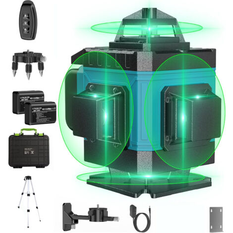 Niveau Laser Chantier Autonivelant 360°x 4 Avec Trépied, Lazer Niveaux 4D 16 Lignes Laser, Autonivellement et Mode Pulsé Extérieur, 2 x Batterie, Nivellement Automatique, Support Rotatif, Télécommande
