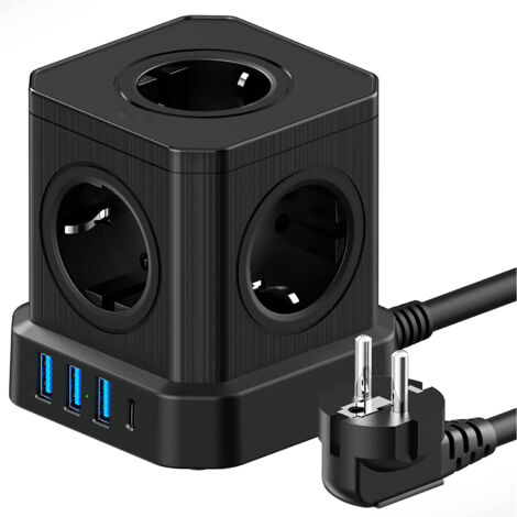 Multiprise Cube 9-en-1 avec USB 5 Prises EU avec 3 Ports USB-A et 1 Port USB-C 4000W Prise avec Interrupteur et Cable 2M Rallonge
