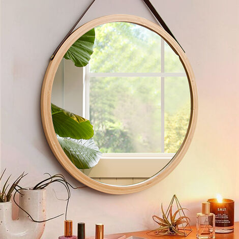 Miroir Mural Rond 45cm Décor Bois Miroir Avec Cadre en Bois avec Crochet pour Salle de bain, Chambre ou Dressing