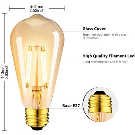 Lot de 6 Ampoules LED 6W Edison Vintage E27 - Ampoule à filament ST64 2200K Blanc Chaud - Equivalent à Ampoule Incandescente 48W