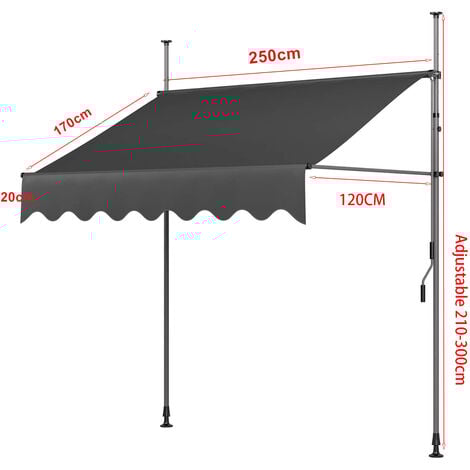 Auvent Rétractable Store Banne de Jardin en Acier Polyester avec Manivelle sans Perçage Auvent Téléscopique Réglable 250x120cm Gris