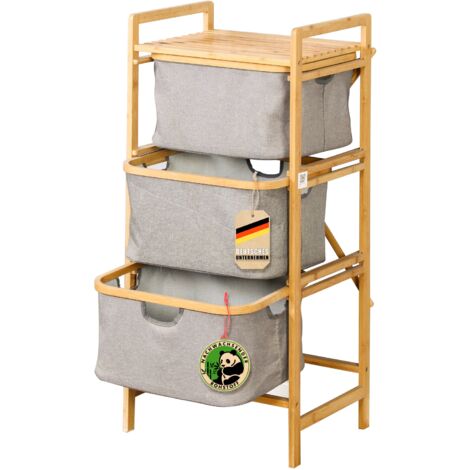 IDMarket Wäschekorb Mit 3 Fächern Aus Bambus – Rita, Naturfarben, Mit Rollen, 62x40x83 Cm