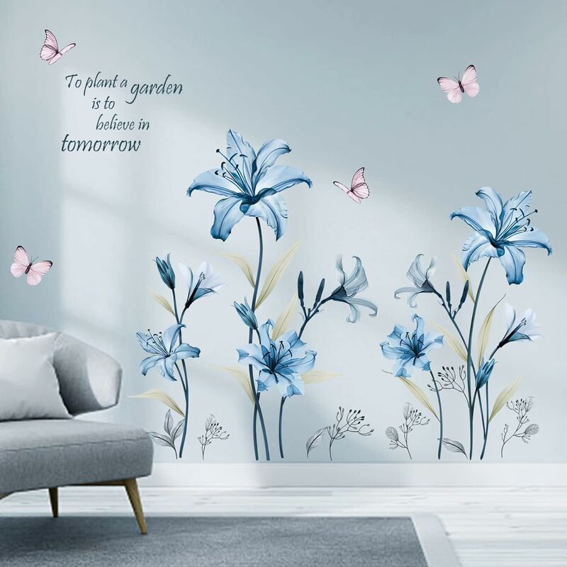 Stickers Muraux Fleurs Bleues Autocollants Muraux Mural Stickers Floral Lys  Papillon pour Chambre Salon Fenêtre,Multi