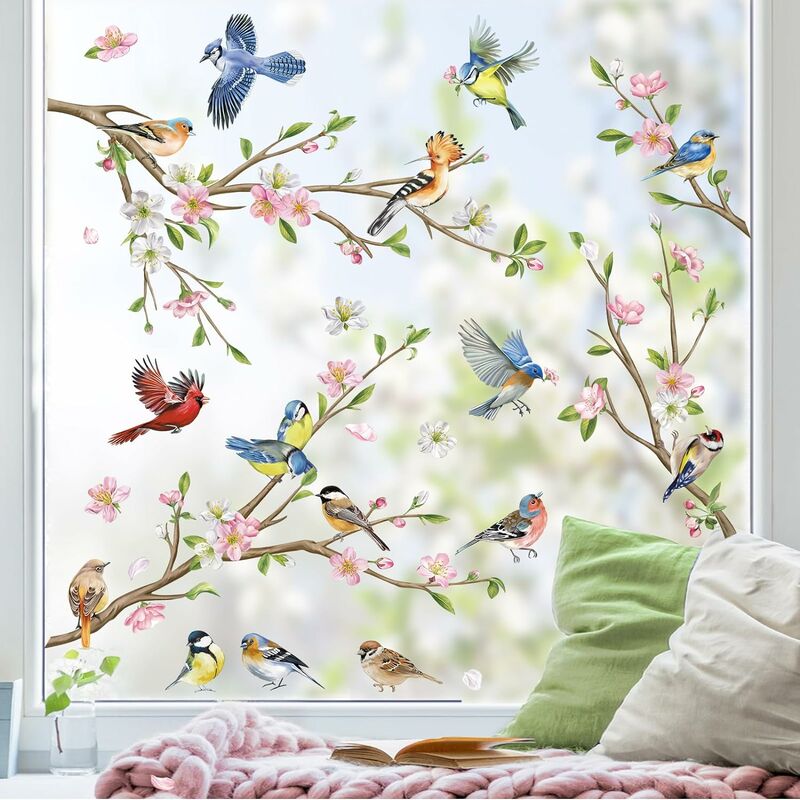 stickers muraux et vitrines décor d'oiseaux sur branche de cerisier