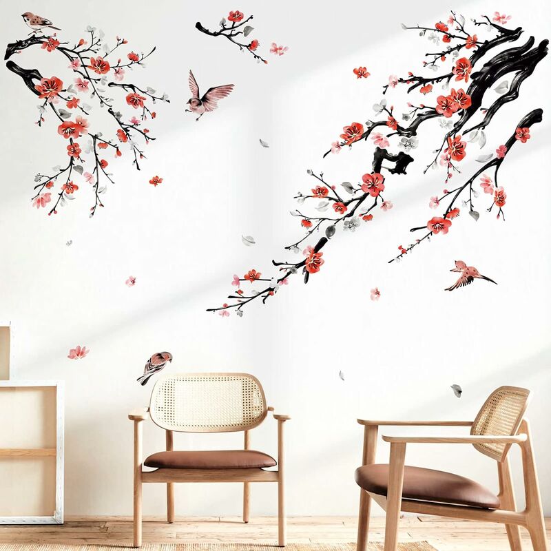 Décalcomanie murale branche de fleurs de cerisier et oiseaux, très grande  branche avec fleurs, sticker mural en vinyle pour chambre d'enfants,  décoration de chambre d'enfants -  France