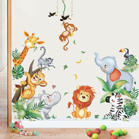 Sticker mural jungle animaux singe éléphant girafe mur
