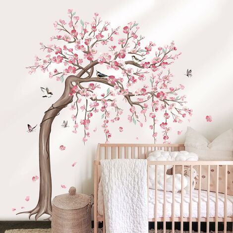 Décalcomanies murales en fleurs de cerisier rose autocollants muraux  Décalcomanies de branche d'arbre pour chambre à coucher Salon TV Mur