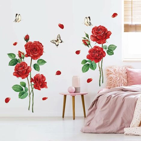 Stickers Muraux Rose Rouge Autocollants Muraux Mural Stickers Fleurs  Romantique pour Chambre Fille Salon Sofa,Rouge
