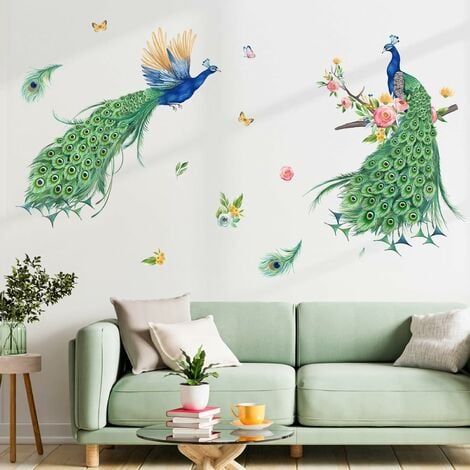 Stickers Muraux Paon Plumes Autocollants Muraux Mural Stickers Oiseaux  Fleurs Branche Arbre pour Salon Chambre Bureau