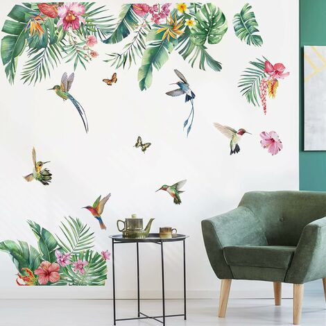 Stickers Muraux Feuilles Tropicale Autocollant Mural Plantes Verte  Tropicales Fleurs Oiseaux Décoration Murale Chambre Salon Bureau