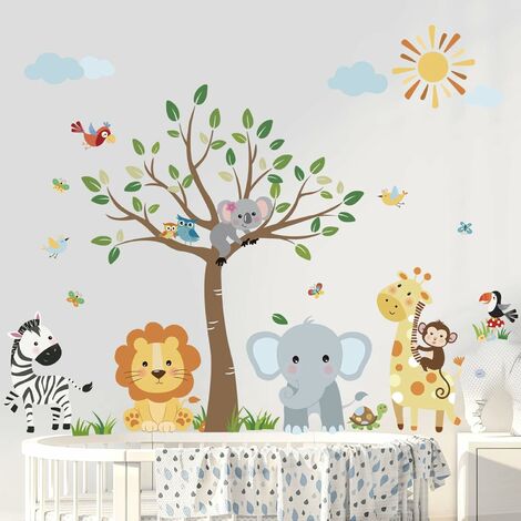 Stickers Muraux Animaux Hauteur Croissance de Mesure Tableau Autocollant  Mural Eléphant Singe Oiseau Chambre Bébé Enfants